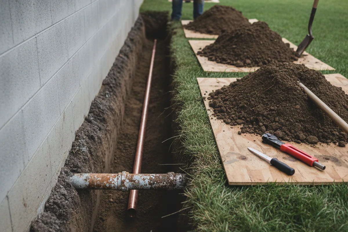 Excavated water line trench during Water Heater Repair in Ronkonkoma